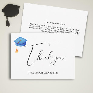 Simple Modern Script Blue Graduation Cap Thank You Card