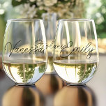 Simple Modern Script Bridesmaids Gift Personalised Stemless Wine Glass<br><div class="desc">The "Bridesmaids Gift Modern Script Personalised Wine Glasses" feature a sleek, modern calligraphy design, elegantly personalised with each bridesmaid's name for a unique and thoughtful touch. Perfect for wedding party gifts or bachelorette parties, these glasses embody a simple and modern aesthetic that complements any celebration. They serve as a memorable...</div>