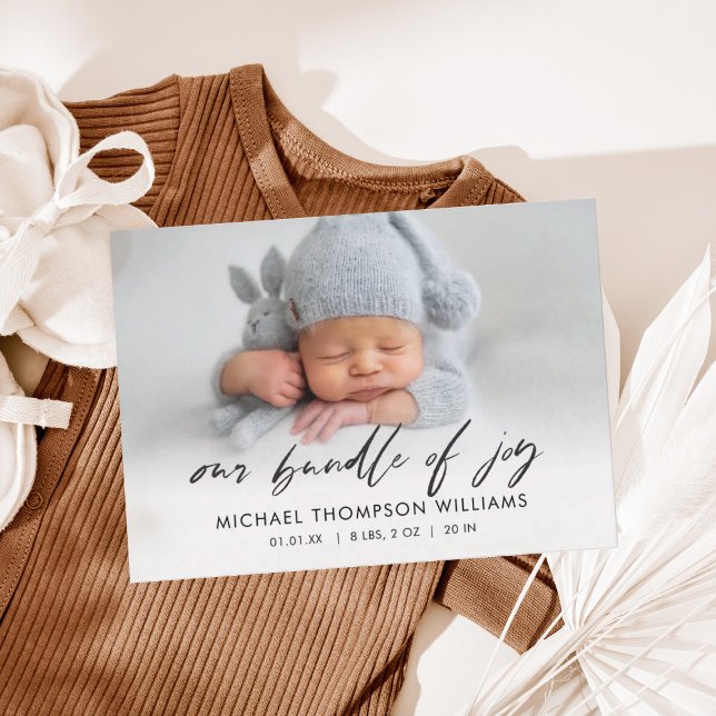 Simple Modern Script Copy Photo Birth Announcement (Creator Uploaded)