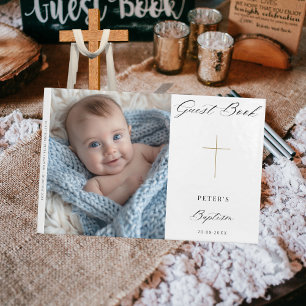 Simple Modern Script Cross Gold Baptism  Photo Guest Book