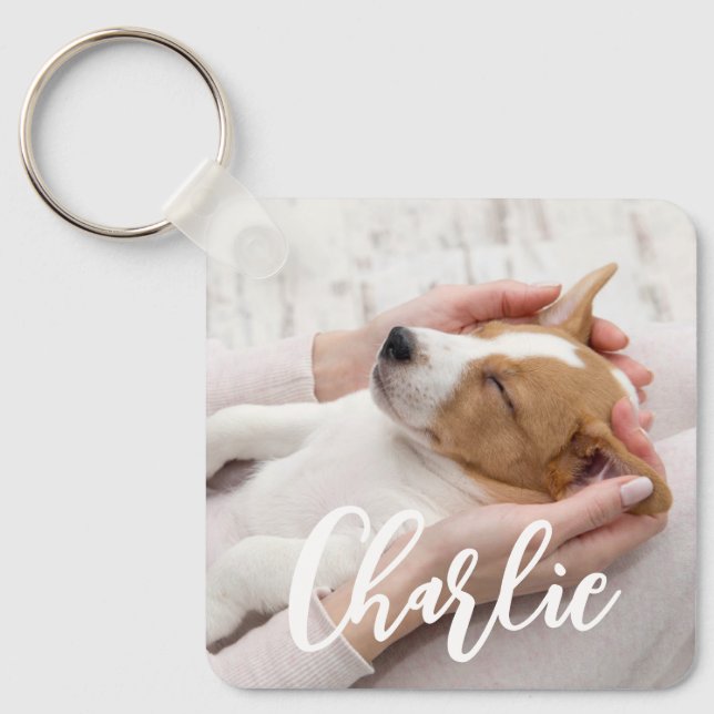 Simple Modern Script Dog Name 2 Photo Key Ring (Front)