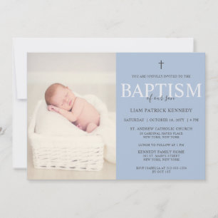 Simple Modern Script Dusty Blue Baptism for Boys Invitation