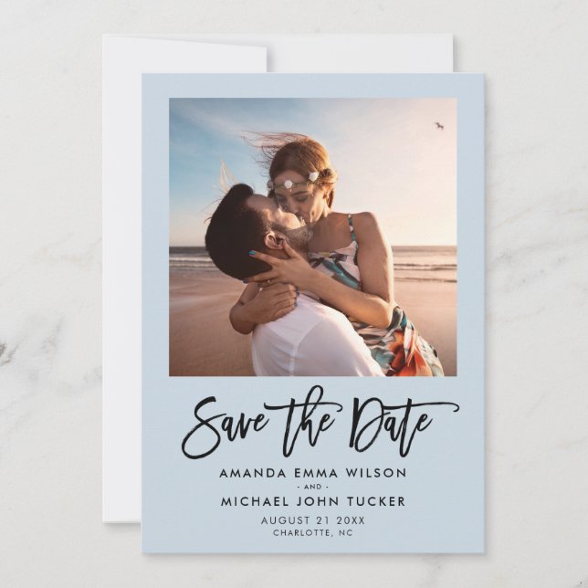 Simple Modern Script Dusty Blue Chic Photo Save The Date (Front)