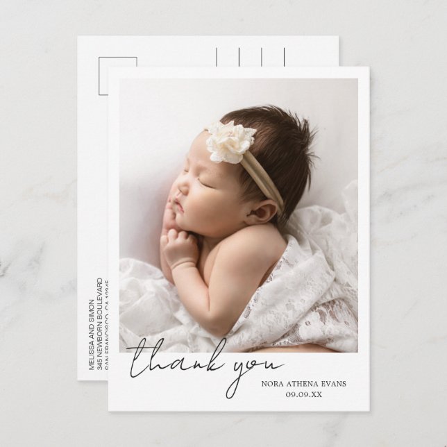 Simple Modern Script Elegant Photo Thank You Birth Announcement Postcard (Front/Back)