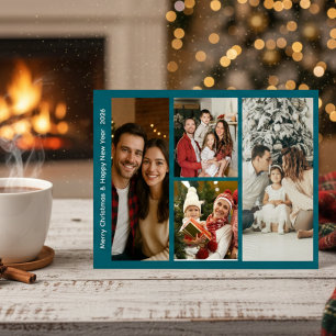 Simple Modern Script Happy Moment 5 Photo Holiday Card