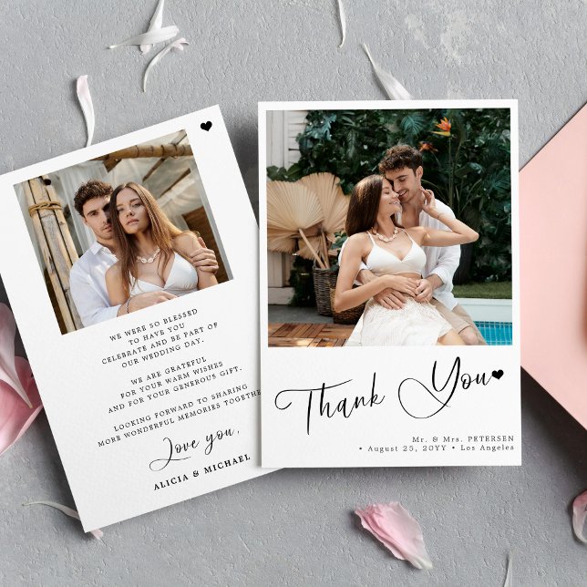 Simple modern script heart 2 photo wedding thank you card (Creator Uploaded)