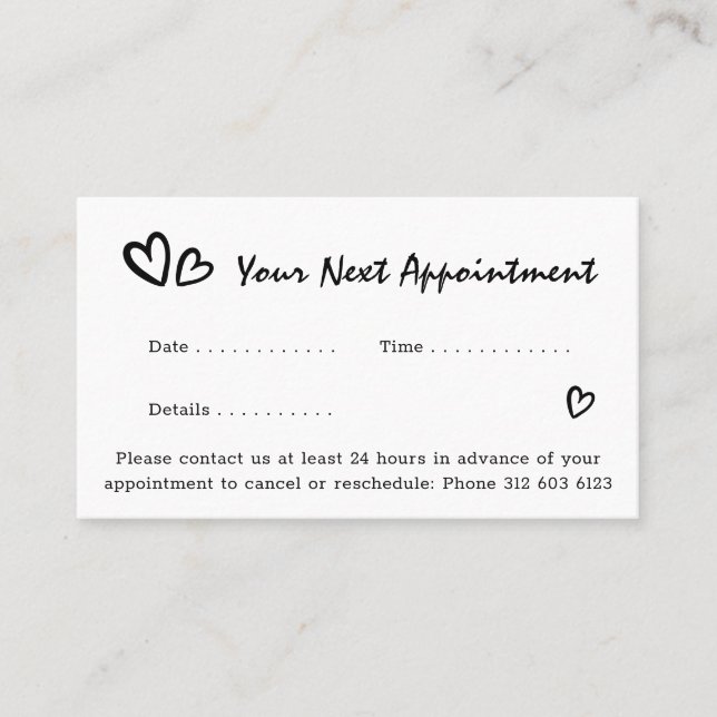 Simple Modern Script Heart Logo Black Business Appointment Card (Front)