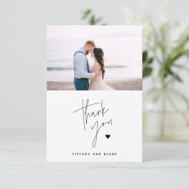 Simple Modern Script Heart Wedding Thank You Card (Standing Front)