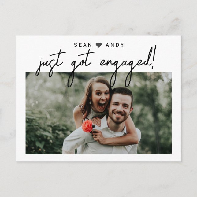 Simple Modern Script Just Got Engaged Photo Announcement Postcard (Front)