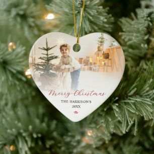 Simple Modern Script Merry Christmas Photo Ceramic Tree Decoration
