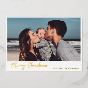 Simple Modern Script Merry Christmas Photo Gold Foil Holiday Card