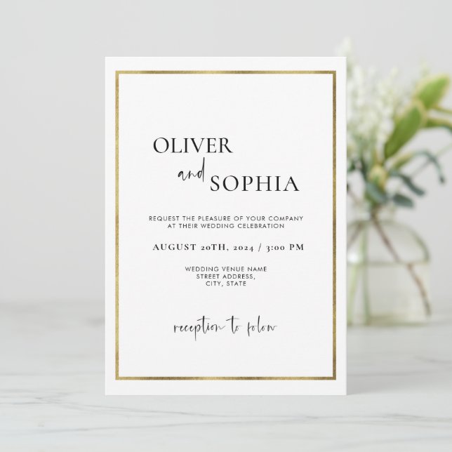 Simple Modern Script Minimalist Gold Frame Wedding Invitation (Standing Front)