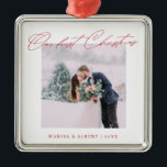 Simple Modern Script Our First Christmas Wedding Metal Tree Decoration<br><div class="desc">A beautiful keepsake to celebrate your first Christmas as a married couple. This design features your favourite wedding photo in a simple white frame with the headline "Our first Christmas" in red modern script font. Personalise with your names and years in red. Makes a great gift.</div>
