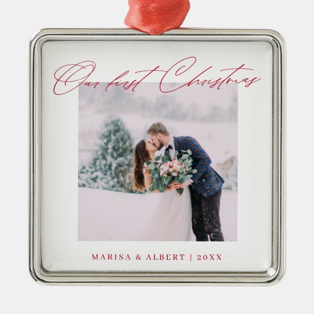 Simple Modern Script Our First Christmas Wedding Metal Tree Decoration (Front)