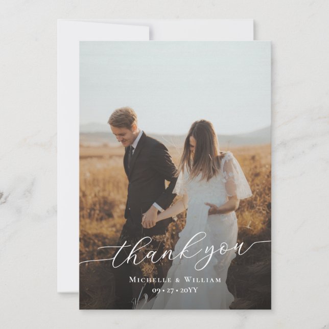 Simple Modern Script Overlay Photo Thank You Card (Front)