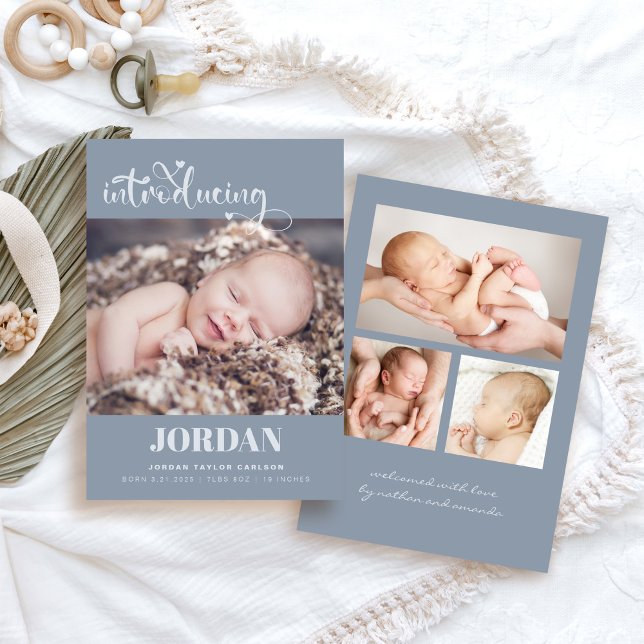 Simple Modern Script Photo Collage Blue Birth Announcement (Creator Uploaded)