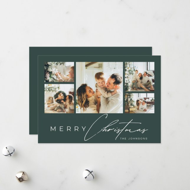 Simple Modern Script Photo Collage Green Christmas Holiday Card (Front/Back In Situ)