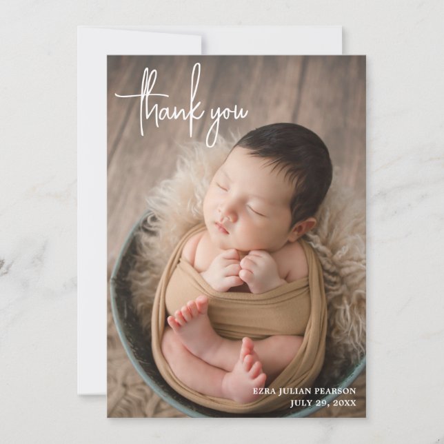 Simple Modern Script Photo Collage Thank You Birth Announcement (Front)