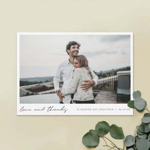 Simple Modern Script Photo Love and Thanks Wedding Thank You Card