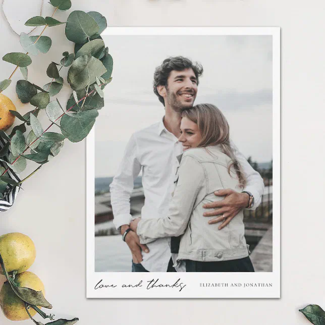 Simple Modern Script Photo Love and Thanks Wedding Thank You Card | Zazzle
