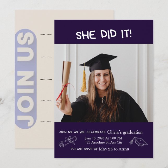 Simple Modern Script Photo Portrait Graduation Invitation (Front/Back)