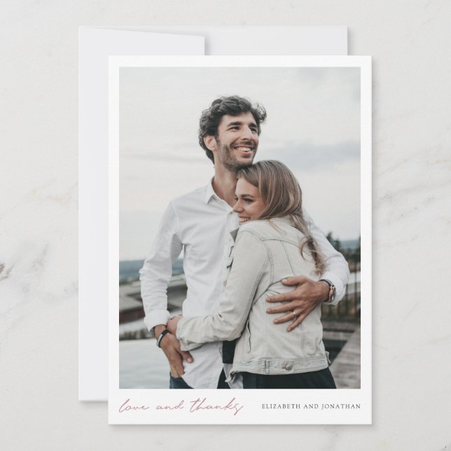Simple Modern Script Photo Rose Gold Wedding Thank You Card (Front)