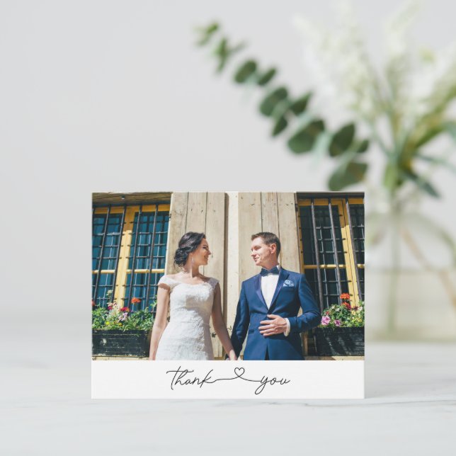 Simple Modern Script Photo Wedding Thank You  Postcard (Standing Front)