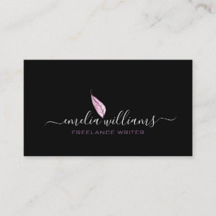 Simple Modern Script Purple Gradient Feather Black Business Card