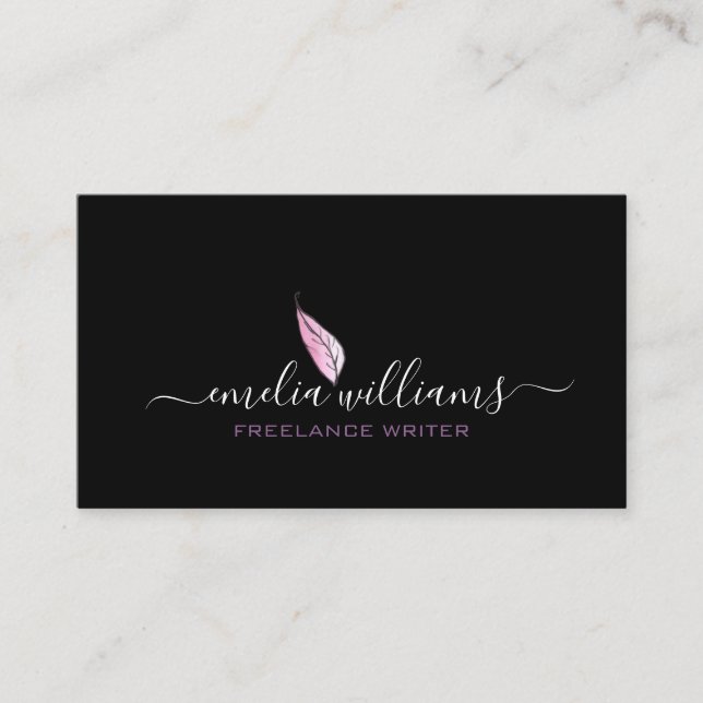 Simple Modern Script Purple Gradient Feather Black Business Card (Front)