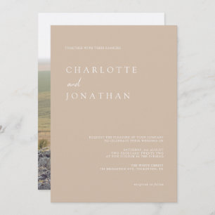 Simple Modern Script Taupe Pink Photo Wedding Invitation