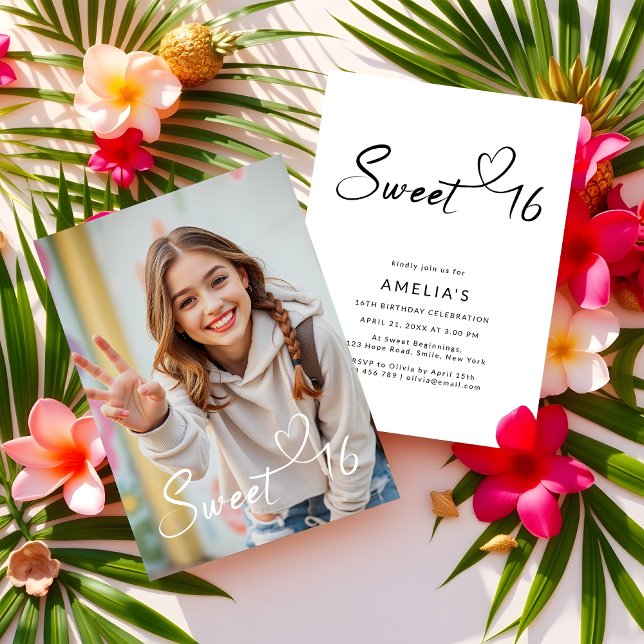 Simple Modern Script Typography Sweet 16 Photo Invitation (Creator Uploaded)