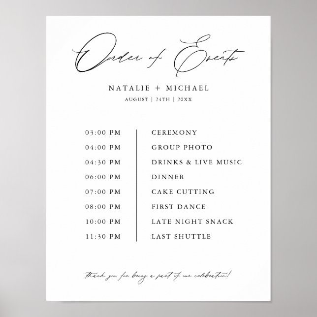 Simple Modern Script Wedding Order of Events Sign (Front)