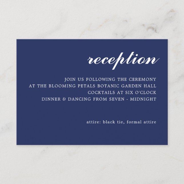 Simple Modern Script Wedding Reception Navy Blue Enclosure Card (Front)
