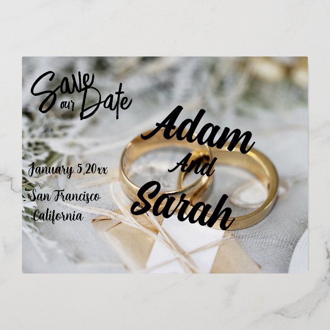 Simple Modern Script Wedding Save our Date Foil Holiday Postcard (Front)