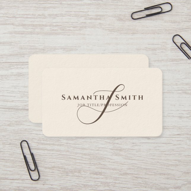 Simple Modern Signature Cream Brown Monogrammed Business Card (Front/Back In Situ)