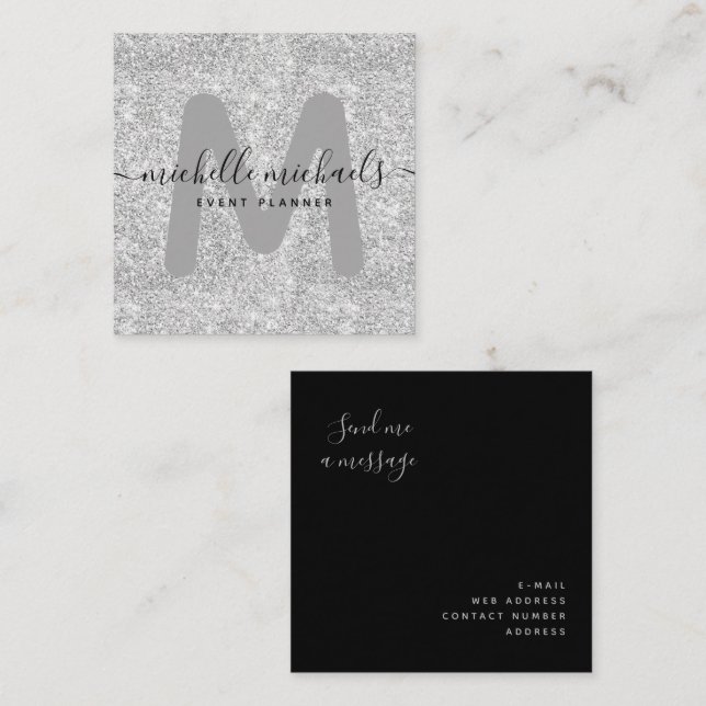 Simple Modern Silver Glitter Black Square Business Card (Front/Back)