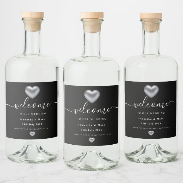 Simple Modern Silver Heart Wedding Wine Label (Bottles)