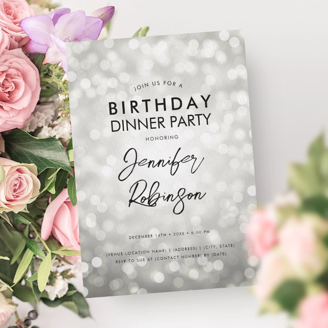 Simple Modern Silver Lights Birthday Dinner Party  Invitation (Simple Modern Silver Lights Birthday Dinner Party Invitation)