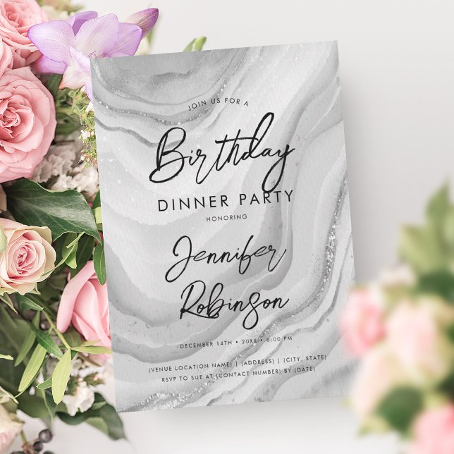 Simple Modern Silver Marble Birthday Dinner Party  Invitation (Simple Modern Silver Marble Birthday Dinner Party Invitation)