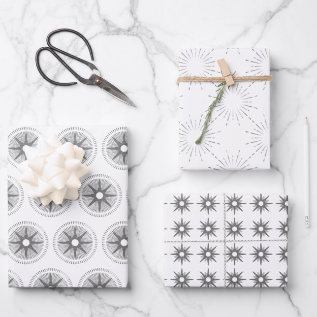 Simple Modern Silver Starburst Christmas Wrapping Paper Sheet (Front)