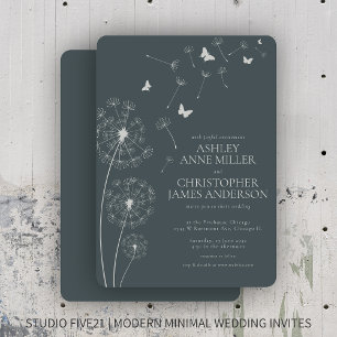 Simple Modern Slate Grey Dandelion Wedding Invitation