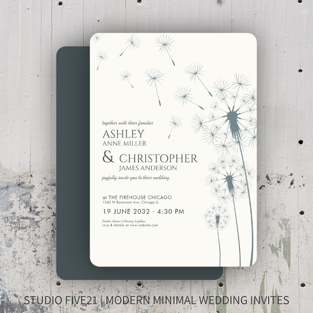 Simple Modern Slate Grey Dandelion Wedding Invitation (Creator Uploaded)