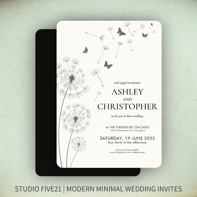 Simple Modern Smoke Black Dandelion Wedding Invitation (Creator Uploaded)