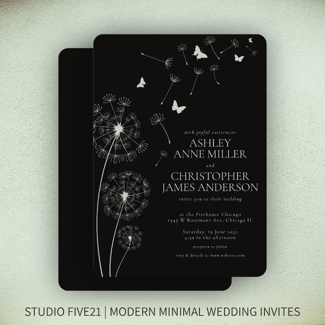 Simple Modern Smoke Black Dandelion Wedding Invitation (Creator Uploaded)