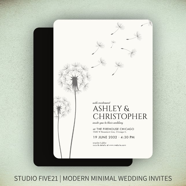 Simple Modern Smoke Black Dandelion Wedding Invitation (Creator Uploaded)