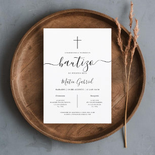 Simple Modern Spanish Invitación De Bautizo White Invitation