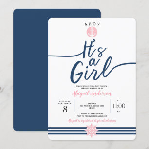 Simple. Modern, Stripes, Nautical, Baby Girl Invitation