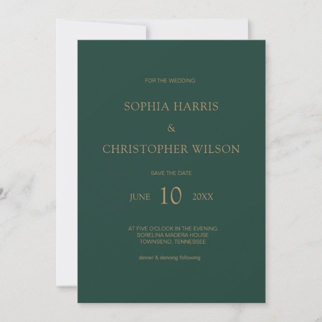 Simple Modern Stylish Emerald Green Gold Wedding Invitation (Front)