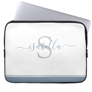 Simple Modern Stylish Monogrammed Dusty Blue Laptop Sleeve
