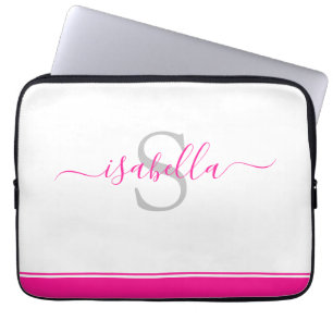 Simple Modern Stylish Monogrammed Elegant Hot Pink Laptop Sleeve